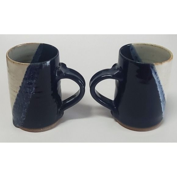 Beaver Creek Pottery Mug Set (2) Glazed Grey/Tan/Navy Drip Textured 4.625" Tall - Picture 5 of 9